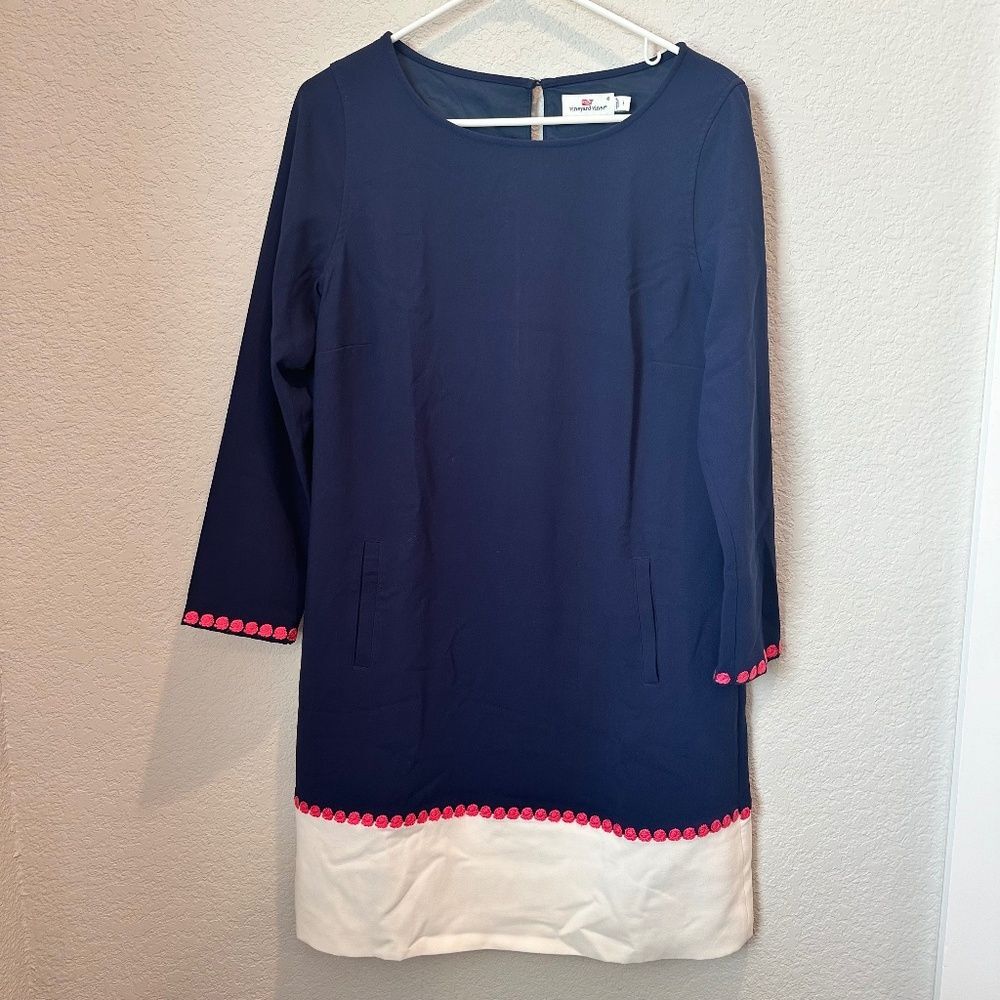 Vineyard Vine Navy & White Embroidered Detail Loose Shift Dress - Size S - EUC